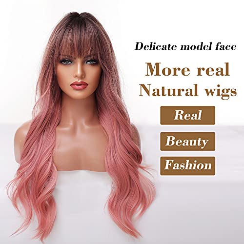 Peluca rosa larga de Emmor para las mujeres - Pelucas sintéticas del cabello ondulado de onda natural con la raíz oscura de Bang (tapa de peluca libre)