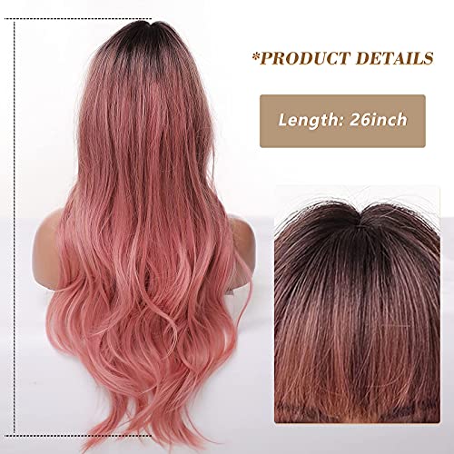 Peluca rosa larga de Emmor para las mujeres - Pelucas sintéticas del cabello ondulado de onda natural con la raíz oscura de Bang (tapa de peluca libre)