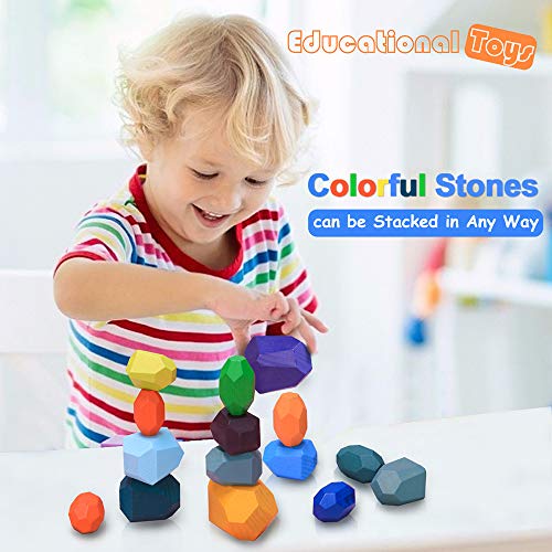 Piedras de Madera para Niños, Juguetes de Apilamiento de Piedras de Colores, Juego de Apilamiento Bloques de Roca Juguetes Montessori para pequeños niñas niños (16Pcs)