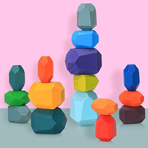 Piedras de Madera para Niños, Juguetes de Apilamiento de Piedras de Colores, Juego de Apilamiento Bloques de Roca Juguetes Montessori para pequeños niñas niños (16Pcs)