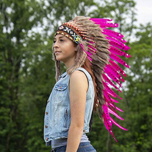 Pink Pineapple Tocado Hecho a Mano Inspirado en los Nativos Americanos: Equipo de Plumas Genuino de Niños y Adultos para Festivales - Medio - Fucsia