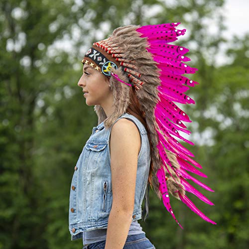 Pink Pineapple Tocado Hecho a Mano Inspirado en los Nativos Americanos: Equipo de Plumas Genuino de Niños y Adultos para Festivales - Medio - Fucsia