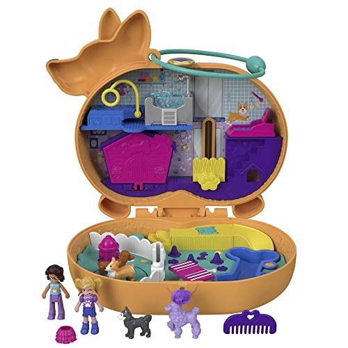 Polly Pocket Cofre con Forma de Perro Corgi Cuddles, con muñecas y Mascotas, Juguete niños +4 años (Mattel GTN13)