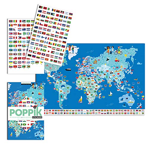 Poppik Kit de pegatinas de descubrimiento banderas del mundo – para niños a partir de 7 años. Divertido juego de carteles educativos para niños
