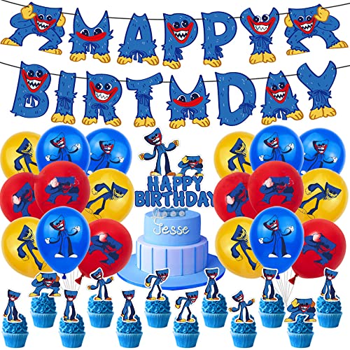 Poppy Playtime Huggy Wuggy - Juego de 32 decoraciones para fiestas de cumpleaños, 32 piezas, incluye pancarta de feliz cumpleaños, adornos para tartas grandes, globos, adornos para magdalenas