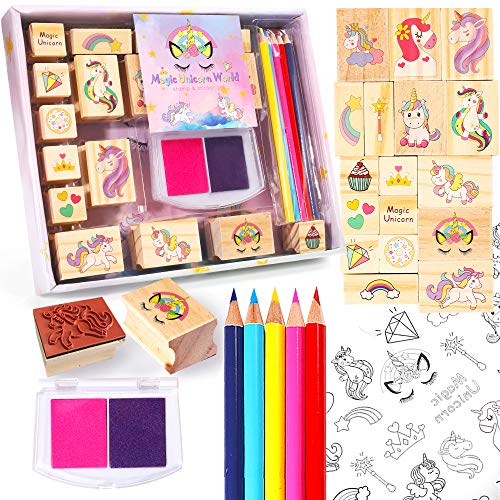 PowerKing Juego de Sellos para Artes y Manualidades - Niños pintando Unicornios Stampe Juguetes con lápices de Colores y Pegatinas - Regalo de cumpleaños para niñas pequeñas (Unicorn stampe)