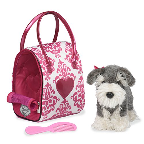 Pucci Pups by Battat - Pink & White Plush Bag and Schnauzer - Dog Plush with Carrying Bag (3 Piece)