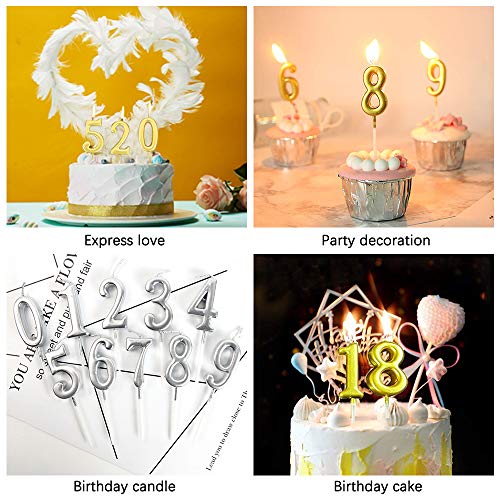 PUDSIRN - Juego de 26 velas de cumpleaños con números, 10 piezas de decoración para tartas con purpurina, número 0-9, con 16 velas de cumpleaños de corazón, estrella y largo(dorado）