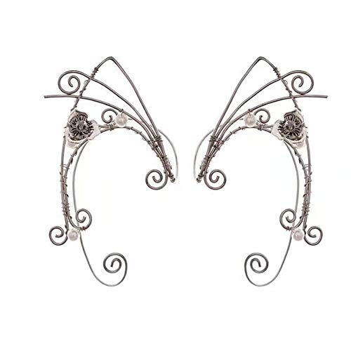 Puños de oreja de duende, pendientes con clip hechos a mano Pendientes de envoltura de puño élfico para mujer - Filigrana de borla de ala de perla - Disfraz de hada de fantasía de (Estilo 1)