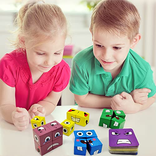 Puzzle Expresiones de Madera, Montessori Interactivo Juguete Rompecabezas Cubos Mágicos Emoji, Bloques Construcción de Madera Juegos Creativos Diseños IQ Cube para Niños 3+ Años