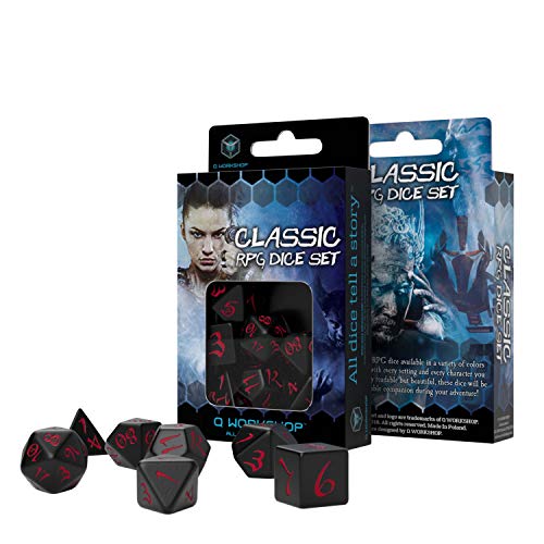 Q Workshop Classic Black & Red RPG Ornamented Dice Set 7 polyhedral Pieces