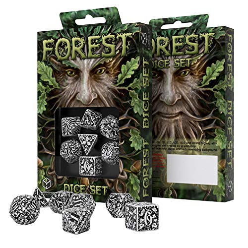 Q Workshop Forest Engraved White & Black RPG Ornamented Dice Set 7 polyhedral Pieces