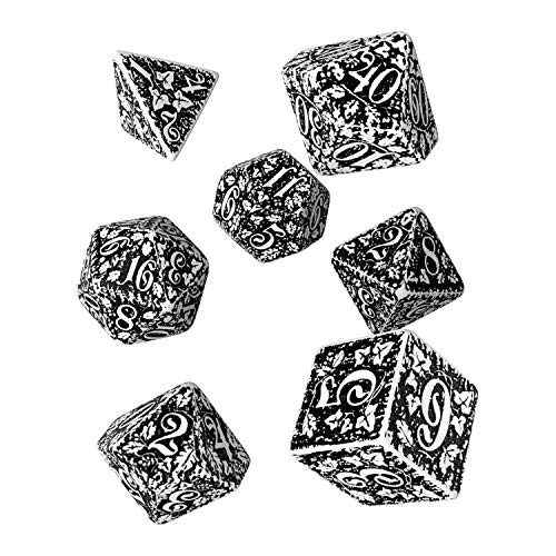 Q Workshop Forest Engraved White & Black RPG Ornamented Dice Set 7 polyhedral Pieces