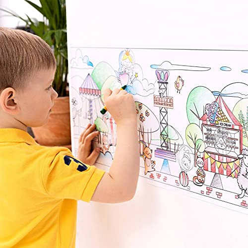 qollorette Pinturas para Niños, Libro Colorear con Lápices de Colores, Ceras de Colores y Pegatinas para Niños Parque de Atracciones – Manualidades Regalos para Niños, 480 x 29cm (16 Feet)
