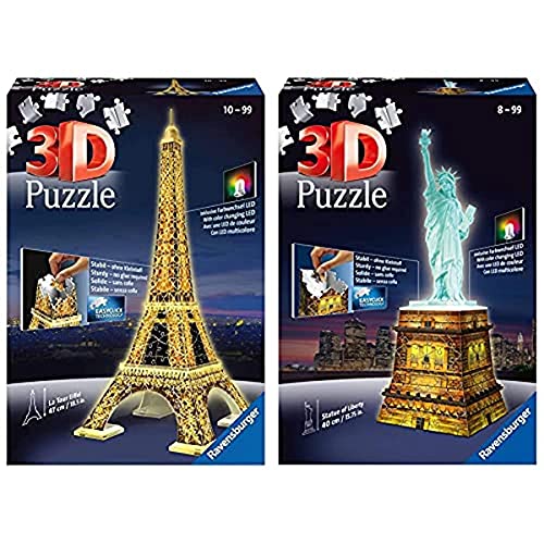Ravensburger Puzzle Building 3D Night Edition: Estatua de la Libertad (12596), Color, Modelo Surtido + 3D Puzzle Building Tour Eiffel Night (12579 1), Color, Modelo Surtido