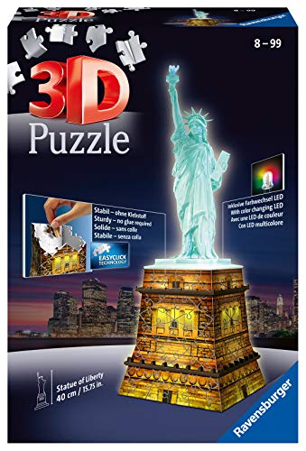 Ravensburger Puzzle Building 3D Night Edition: Estatua de la Libertad (12596), Color, Modelo Surtido + 3D Puzzle Building Tour Eiffel Night (12579 1), Color, Modelo Surtido