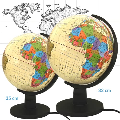 Raylu Paper® - Globo Terráqueo iluminado y giratorio, cartografía y meridiano, esfera del mundo en español, color crema. (25 cm)