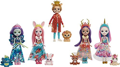 Royal Enchantimals Pack 5 muñecos con mascota, ropa de gala y accesorios de juguete, regalo para niñas y niños +4 años (Mattel HCJ18)