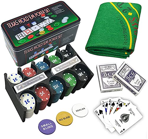 Set de póker Caja de Metal, 200 fichas de póker, 2 Cubiertas, botón de repartidor, ciega pequeña, Gran ciega, tapete de Juego