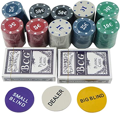 Set de póker Caja de Metal, 200 fichas de póker, 2 Cubiertas, botón de repartidor, ciega pequeña, Gran ciega, tapete de Juego