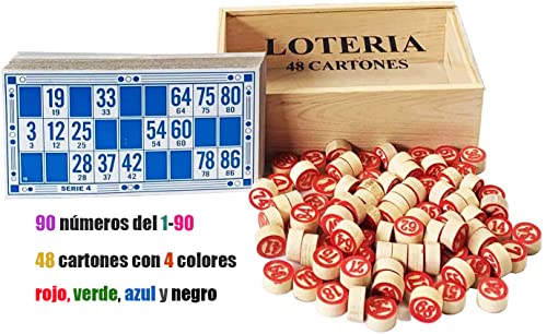 Set Loteria y 48 cartones, Bingo de Viaje , Juego de Mesa Tradicional Fichas de Madera con 2 Caras de Números, Bingo Interactivo Familia