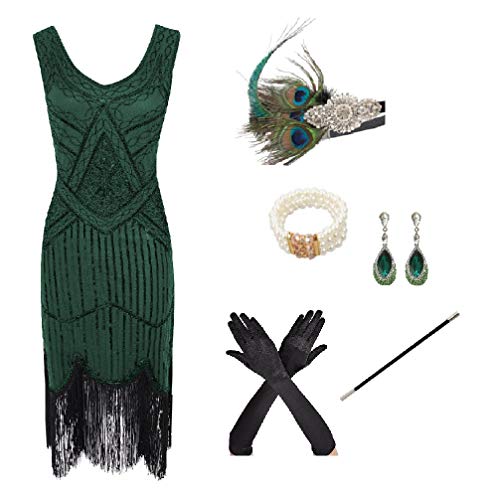 shoperama Disfraz de Charleston de los años 20 para mujer, vestido de lentejuelas verde con flecos y juego de accesorios de pavo real, talla: XXL ZH083G