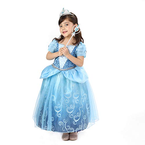 Sincere Party Vestido de lujo de princesa Cenicienta de lujo para niñas con tiara y varita Vestido de fiesta de cumpleaños de 7-8 años