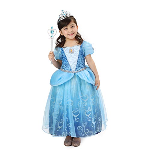 Sincere Party Vestido de lujo de princesa Cenicienta de lujo para niñas con tiara y varita Vestido de fiesta de cumpleaños de 7-8 años