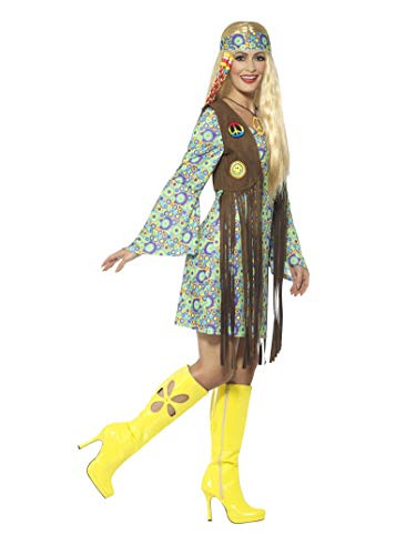 Smiffys-43127L Disfraz de Hippie años 60 para Chica, con Vestido, Chaleco, medallón, Multicolor, L-EU Tamaño 44-46 (Smiffy'S 43127L)
