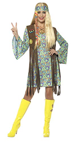 Smiffys-43127L Disfraz de Hippie años 60 para Chica, con Vestido, Chaleco, medallón, Multicolor, L-EU Tamaño 44-46 (Smiffy'S 43127L)