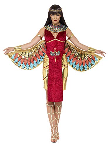 Smiffys-43734S Disfraz de Diosa egipcia, con Vestido, alas, Collar y Adorno para la Cabeza, Color Rojo, S-EU Tamaño 36-38 (Smiffy'S 43734S)