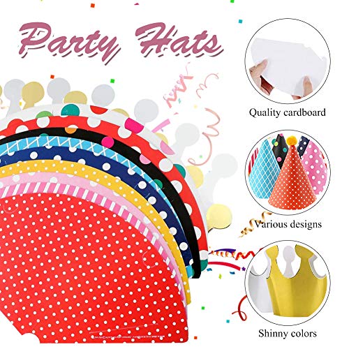 Sombreros de fiesta, 11 unidades, 9 unidades de sombrero de fiesta de cumpleaños con pequeños pompones/cordón elástico y 2 coronas de papel dorado plateado para niños y adultos