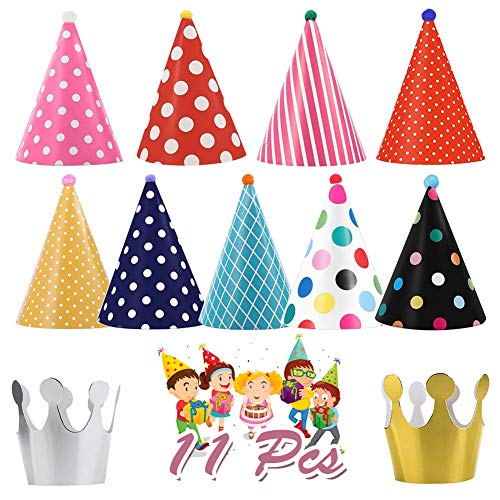 Sombreros de fiesta, 11 unidades, 9 unidades de sombrero de fiesta de cumpleaños con pequeños pompones/cordón elástico y 2 coronas de papel dorado plateado para niños y adultos
