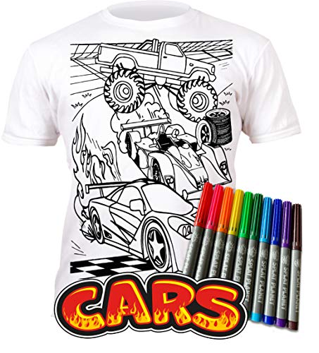 Splat Planet Camiseta Coches para niños. con impresión para Pintar y Colorear. Incluye 10 Colores mágicos Lavables. Cumpleaños Infantil. (7-8 años)