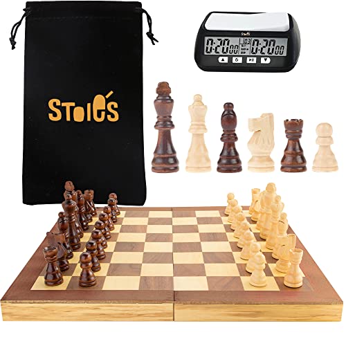 Stoie's Tablero de ajedrez de Madera y Juego de Temporizador Digital -38x38cm -Bolsa de Terciopelo para Viajes - Se Adapta a niños y Adultos - Madera de Lujo Natural