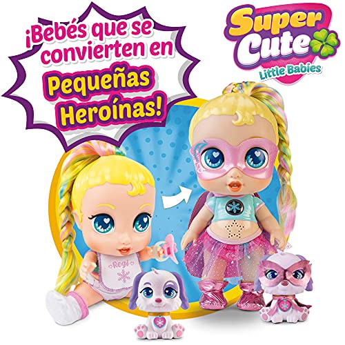 Super Cute Muñeca Superheroína Regi con biberón, Mascota Snowball, Ropa Reversible y Accesorios
