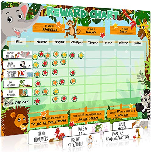 Tabla de recompensas para niños | Calendario de recompensas/estrellas magnético de animales de safari | Pizarra infantil que fomenta el buen comportamiento, personalizable. De Luigi’s