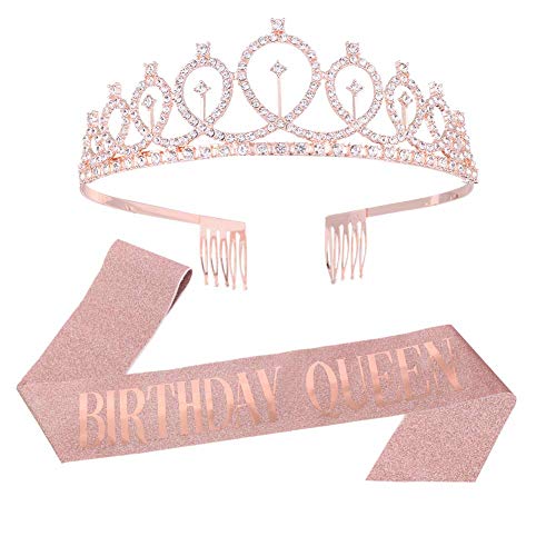tao pipe Corona Cumpleaños Cinturón de Cumpleaños Tiaras de Niña Accesorios de Cumpleaños con Purpurina Dorada Rosa para Mujeres Niñas 16, 18, 21, 30, 40, 50, 60 Cumpleaños(Birthday Queen)
