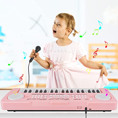 Teclado Piano Niños 37 Teclas Organo Electrónico Infantil Música Portátil con Micrófono Mini Enseñanza Teclado Digital Juguete Educativo para Niña Pequeños Chico Principiantes，Rosa Claro