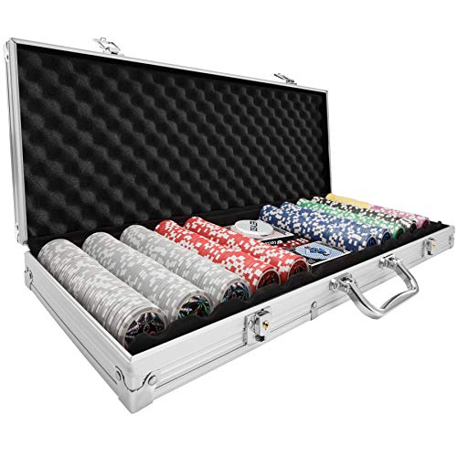 TecTake 402559 Maletín de Póker Aluminio con Fichas Láser Poker Chips, 500 Pieza, Incl. 5 Dados + 2 Barajas de Cartas + 1 Ficha de Dealer, Plateado