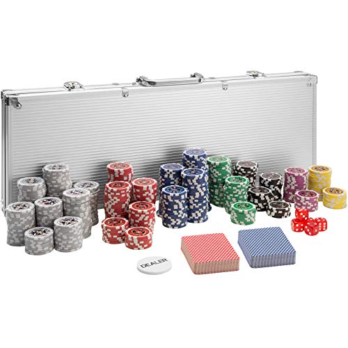 TecTake 402559 Maletín de Póker Aluminio con Fichas Láser Poker Chips, 500 Pieza, Incl. 5 Dados + 2 Barajas de Cartas + 1 Ficha de Dealer, Plateado