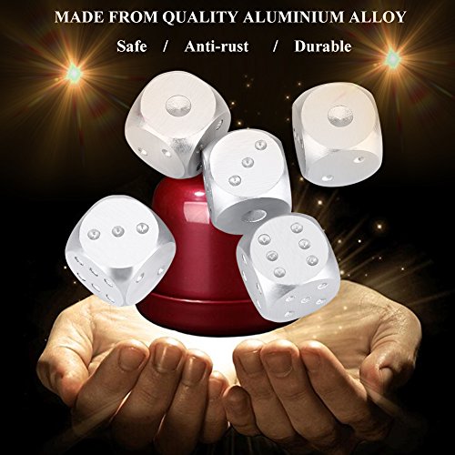 Tosuny 5 Piezas Juego de Dados Color Plata Oro Aleación de Aluminio con Caja de Almacenamiento Adecuado para Juegos de Mesa, Póker(Plata-Caja Cuadrada)