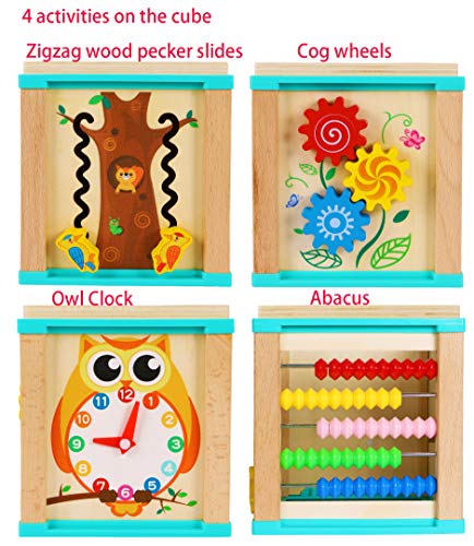 TOWO Cuentas de cubo de actividad de madera Laberinto -5 Actividades Montaña rusa Abacus Ruedas dentadas Engranajes Reloj zig zag slide- juguetes educativos tempranos para bebés Montessori de 1 año