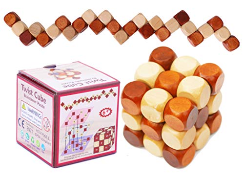 Toys of Wood Oxford TOWO Brainteasers Cubo Rompecabezas de Madera - Cubo Serpiente Madera con 27 Cuentas roscadas en una Cadena - Juego de Habilidad Madera para niños y Adultos