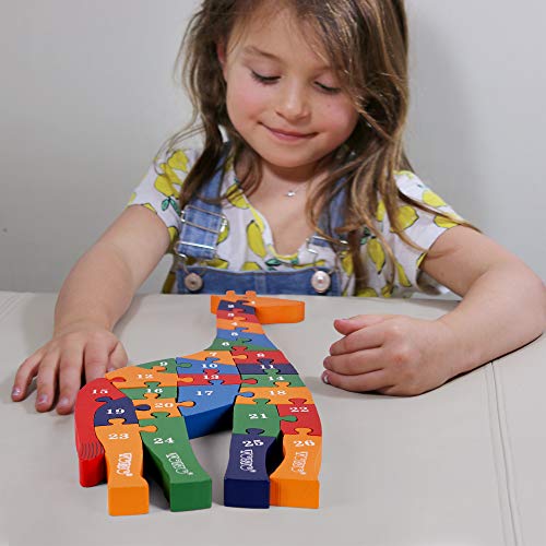 Toys of Wood Oxford TOWO Rompecabezas de Madera del Alfabeto en Forma de Jirafa - Bloques de Alfabeto Grueso para Aprender números, Aprender Colores y Formas - Rompecabezas de Animales para niños