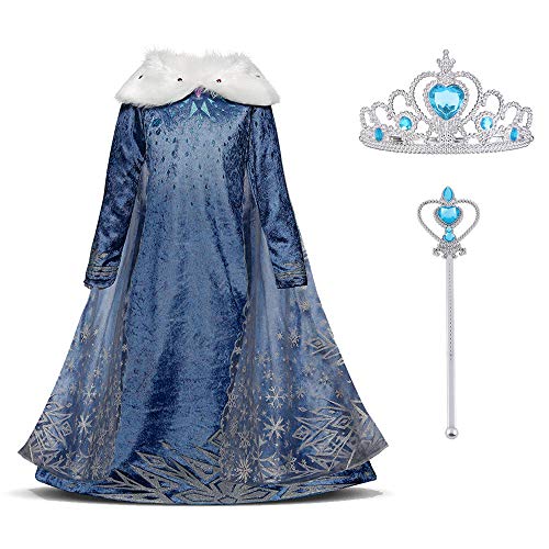 URAQT Disfraz de Elsa, Vestido de Princesa Elsa, Vestido de Copo de Nieve de Encaje Fino con Varita de Hada y Tiara de Corona, para Cumpleaños, Fiesta de Navidad de Halloween 110cm