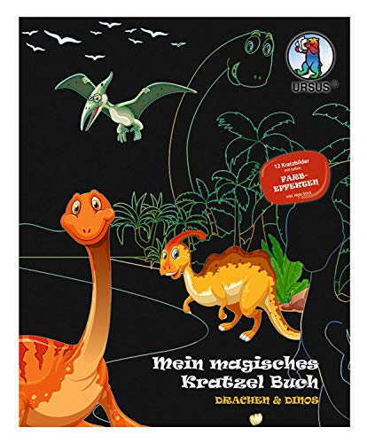Ursus Mi Libro mágico Dragón & Dinos, imágenes para rascar, Aprox. 21 x 26 cm, con Impresionantes Efectos de Color y 12 Mandalas para Colorear, Incluye Palo de Madera, carbón