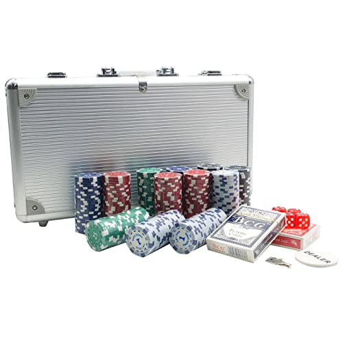 Various Set Poker de Maletín Profesional 300 Fichas Juego de Poker Casino Aluminio 5 x Dados 2 x Barajas y 1 x Ficha de Crupier (Poker Maletín 300)