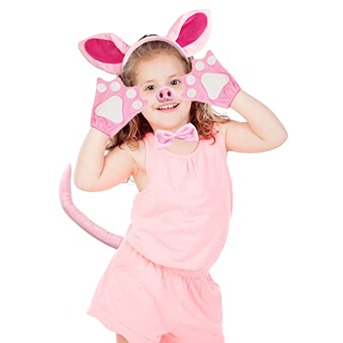 VIKSAUN Conjunto de Disfraces de Cerdo, Conjunto de accesorios de disfraz de animal rosa con nariz de cerdo, orejas, pajarita, Guantes y cola, para fiesta de vestido temático, juego de rol (5 PCS)
