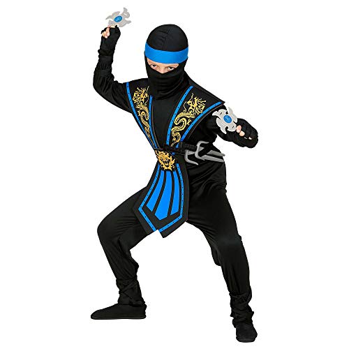 WIDMANN Disfraz infantil de ninja 38657 con juego de armas, negro y azul, luchador, guerrero, japonés, fiesta temática, carnaval, color, 140